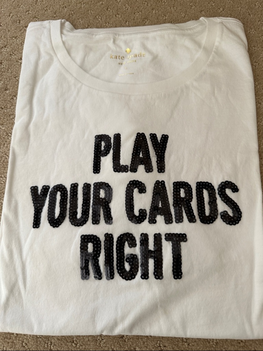 kate spade White Tee with Black Sequin Slogan